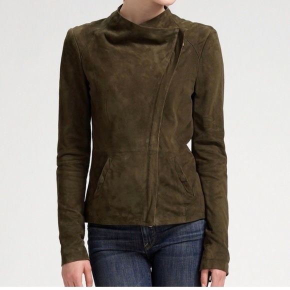 Vince Olive Green Sueded Leather Moto Jacket